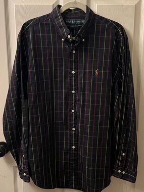 Polo Ralph Lauren Navy Green Plaid Dress Shirt Men 16.5 L XL Holiday